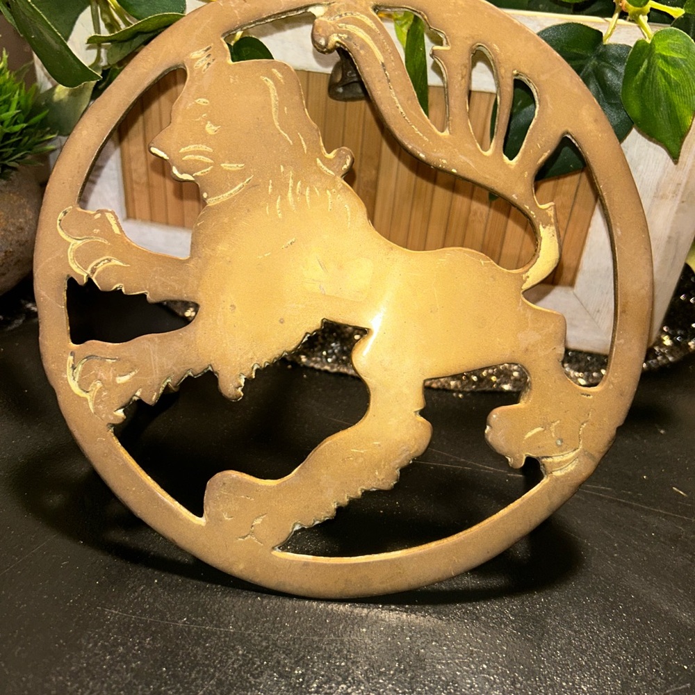 Vintage Brass Lion Trivet: English Teapot Kettle Stand Art Decor